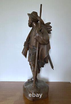 Ancient Wooden Sculpture Black Forest Hunter / Swiss, Germany Hunter Eagle