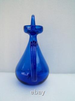 Ancient folk art cobalt blue blown glass oil bottle and oil cruet