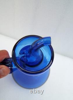 Ancient folk art cobalt blue blown glass oil bottle and oil cruet