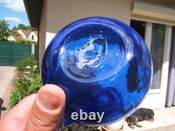 Ancient folk art cobalt blue blown glass oil bottle and oil cruet