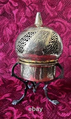 Ancient large Ottoman oriental brass incense burner engraved with Islamic calligraphy