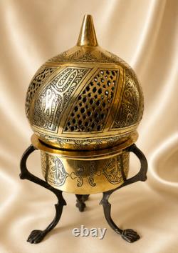 Ancient large Ottoman oriental brass incense burner engraved with Islamic calligraphy