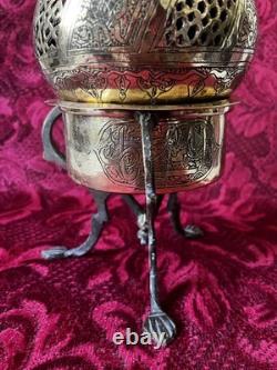 Ancient large Ottoman oriental brass incense burner engraved with Islamic calligraphy
