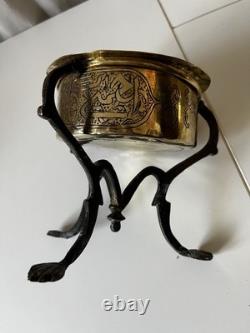 Ancient large Ottoman oriental brass incense burner engraved with Islamic calligraphy