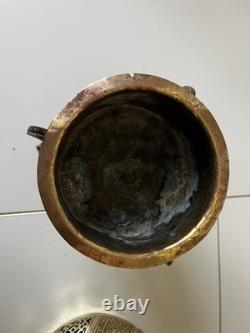 Ancient large Ottoman oriental brass incense burner engraved with Islamic calligraphy