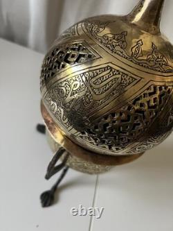 Ancient large Ottoman oriental brass incense burner engraved with Islamic calligraphy