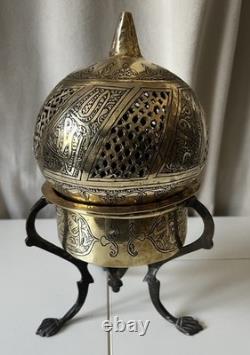 Ancient large Ottoman oriental brass incense burner engraved with Islamic calligraphy