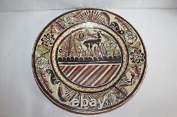Ancient large glazed plate 19th century, Alsace animal decoration 39 cm