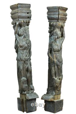Ancient pair of Caryatids 16th Renaissance carved wood women greyhound eagle