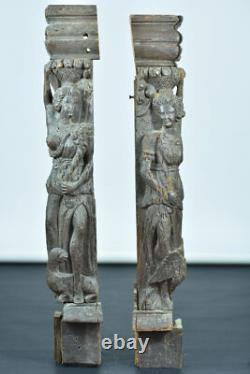 Ancient pair of Caryatids 16th Renaissance carved wood women greyhound eagle