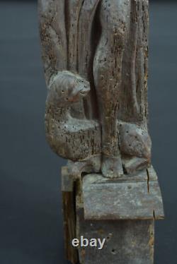 Ancient pair of Caryatids 16th Renaissance carved wood women greyhound eagle