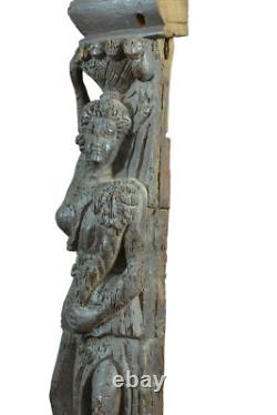 Ancient pair of Caryatids 16th Renaissance carved wood women greyhound eagle
