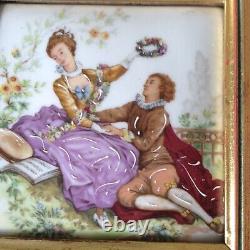 Ancient tableau painting on porcelain, gallant scene signed Wateau