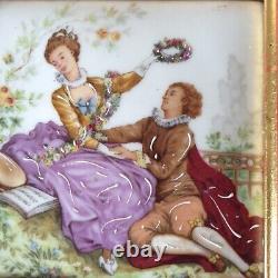 Ancient tableau painting on porcelain, gallant scene signed Wateau