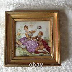 Ancient tableau painting on porcelain, gallant scene signed Wateau