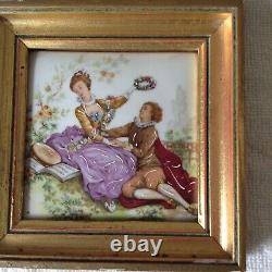 Ancient tableau painting on porcelain, gallant scene signed Wateau