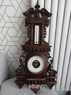 Ancient thermometer CENTIGRADE barometer ANEROID carved wood by HENRI GARGOUILLE