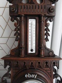 Ancient thermometer CENTIGRADE barometer ANEROID carved wood by HENRI GARGOUILLE