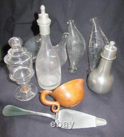 Antique Blown Glass and Cracked Tin 19th Century Popular Art Feeding Bottle