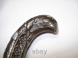 Antique, Cane, Walking Stick, Zoomorphic Bird Head, Wood and Silver-plated Metal