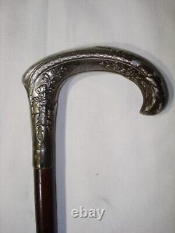 Antique, Cane, Walking Stick, Zoomorphic Bird Head, Wood and Silver-plated Metal