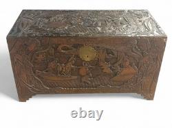 Antique Carved Camphor Wood Chest ASIA CHINA Junk Battle Landscape 1900