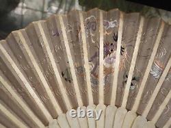 Antique Export Chinese Embroidered Silk Bone Fan