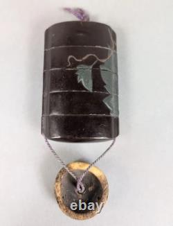 Antique Japanese Lacquered Medical Inro Box with Naturalistic Decorations and Deer Ojime