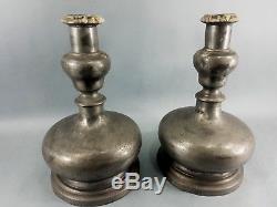 Antique Pair Candlesticks Pewter Stem Short Rising From Bulbos Base 18 T
