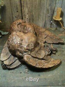 Antique Sculpture Wood Angelot Loves Angel Religious Ornament Baroque Cherub