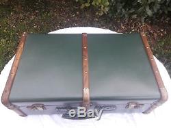 Antique Trunk Suitcase Travel Art Deco Wood Storage Chest Green Key
