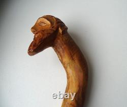 Antique Wooden Cane with Grotesque Religious Face FOLK ART 91 cm