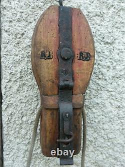 Antique authentic wood and iron pulley 19th century