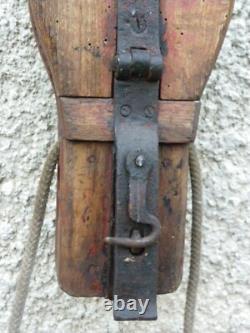 Antique authentic wood and iron pulley 19th century