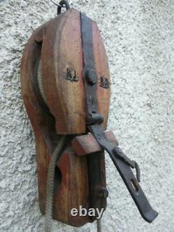 Antique authentic wood and iron pulley 19th century