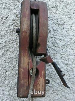 Antique authentic wood and iron pulley 19th century