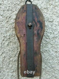 Antique authentic wood and iron pulley 19th century