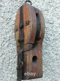 Antique authentic wood and iron pulley 19th century