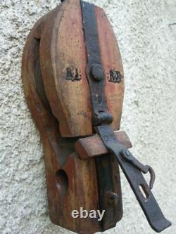 Antique authentic wood and iron pulley 19th century