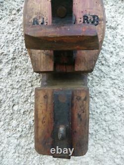 Antique authentic wood and iron pulley 19th century