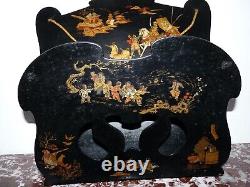 Antique black lacquered papier mâché magazine newspaper holder with Japanese decoration Napoleon III