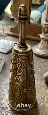 Antique brass priming powder flask with embossed decoration, 19th century