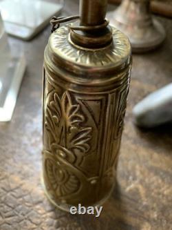 Antique brass priming powder flask with embossed decoration, 19th century