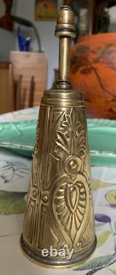 Antique brass priming powder flask with embossed decoration, 19th century