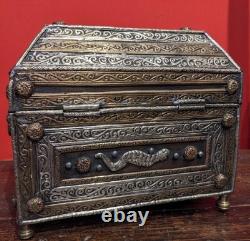 Antique bronze footed small chest finely decorated engraved jewelry box