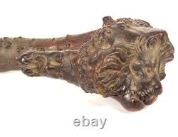 Antique carved wood cane, monoxyle, lion head, character, Popular Art, 19th century