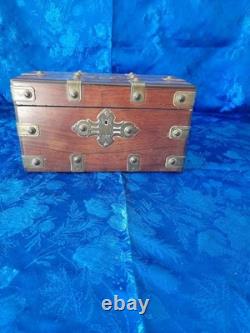 Antique cigar box wooden case with yellow copper fittings