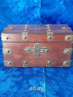 Antique cigar box wooden case with yellow copper fittings