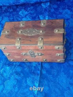 Antique cigar box wooden case with yellow copper fittings