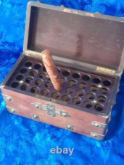 Antique cigar box wooden case with yellow copper fittings